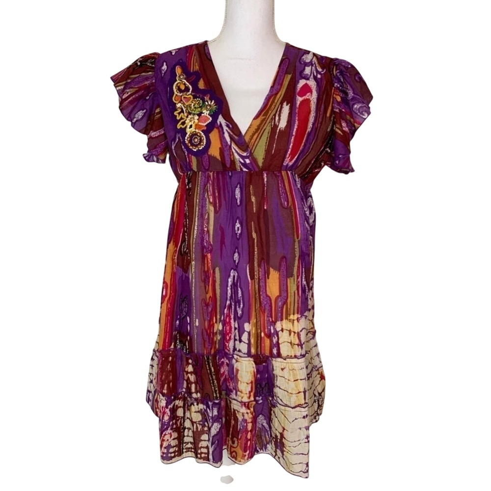 NWT Chaudry KC Boho Beaded‎ Flutter Sleeve Dress Women Medium 100% Cotton